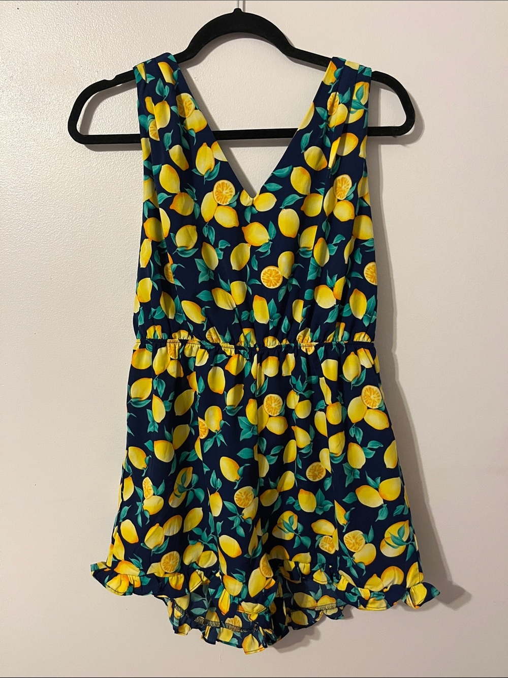 Francesca Navy Lemon Print Romper with V-Neck